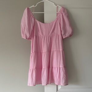 Pink Puff Sleeve Tiered Mini Dress - Brand Unspecified